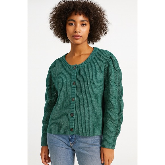 Talbots Sweaters - Talbots XL Green Tweed‎ Puff Sleeve Cable Knit Button Cardigan Speckled Sweater